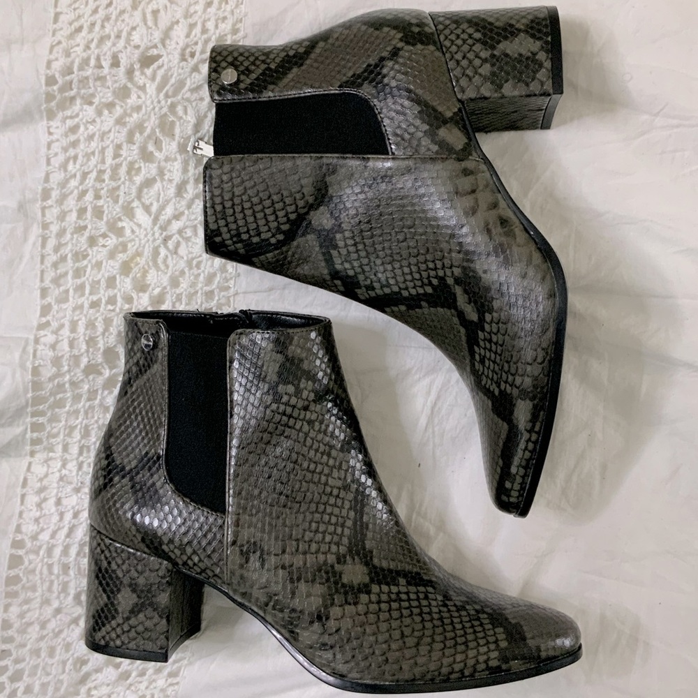 Calvin Klein Fiona Black Grey Snake Embossed Chelsea Bootie NWOT